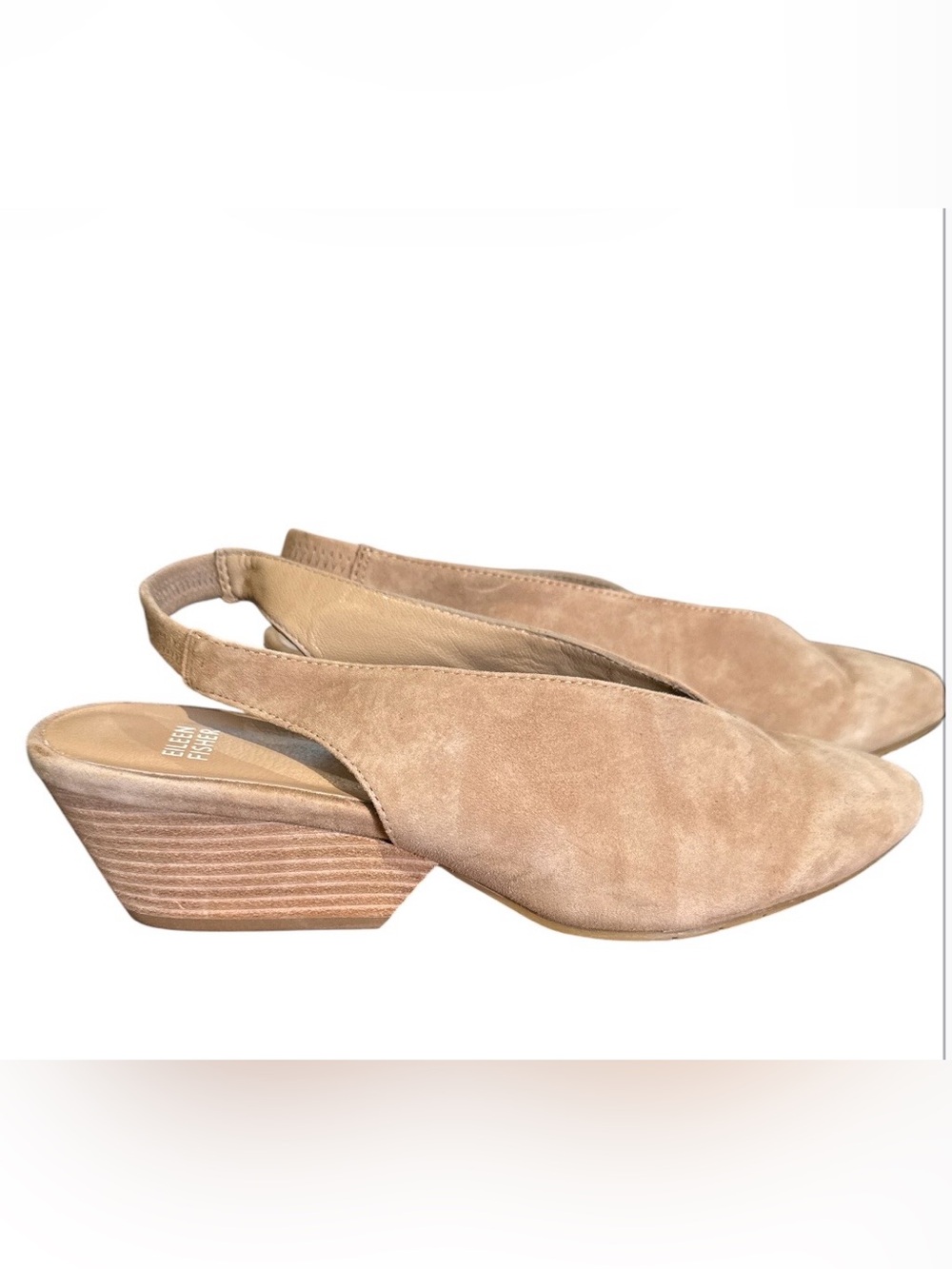 Eileen Fisher taupe suede slingback pumps with a pointed toe and V-cut